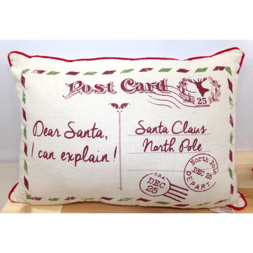 Stratford Home‎ Christmas Post Card Throw Pillows 19x14 Red Beige Set of 2